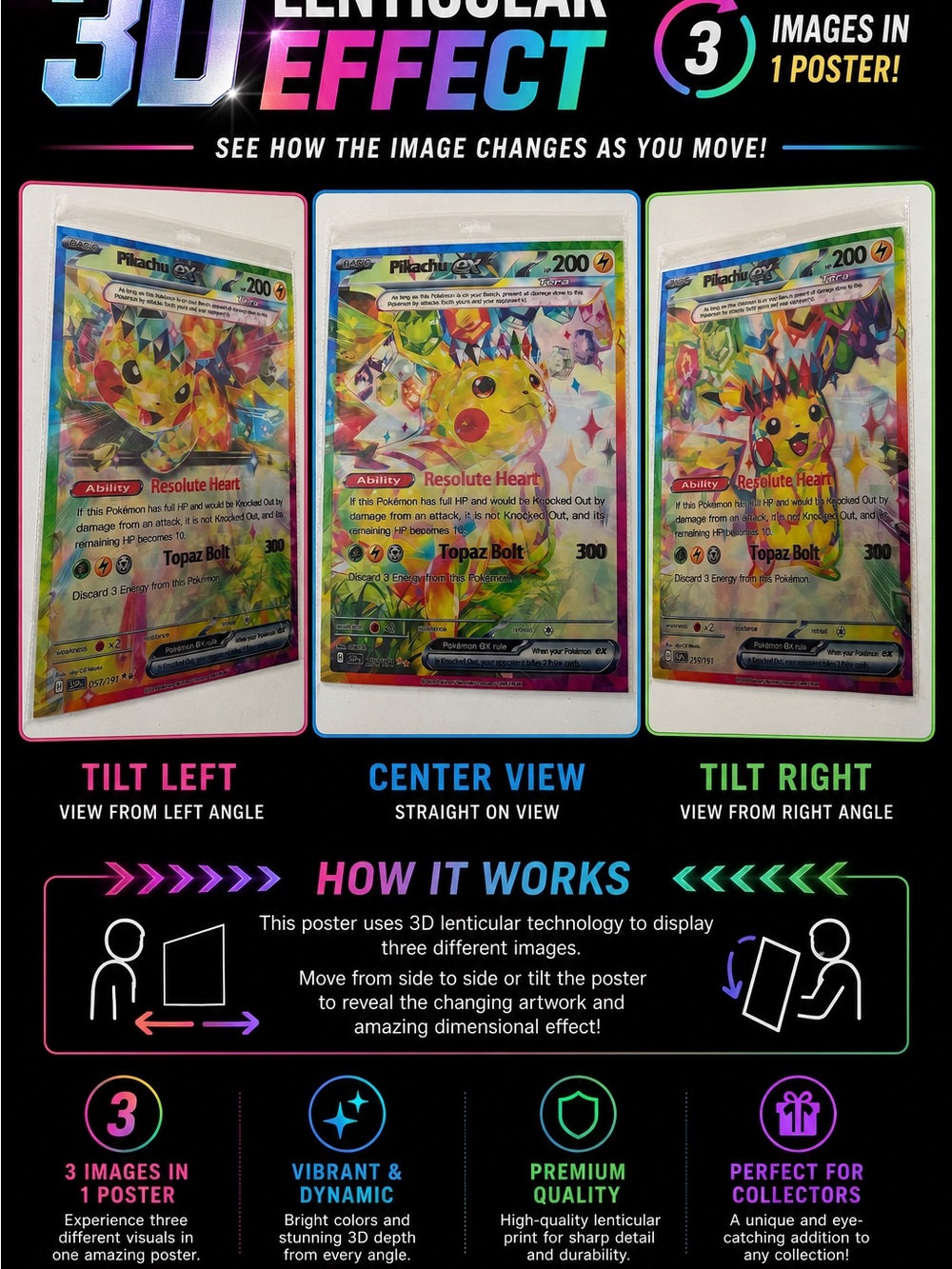 3D Lenticular Pikachu Poster – Colorful Multicolor Collectible